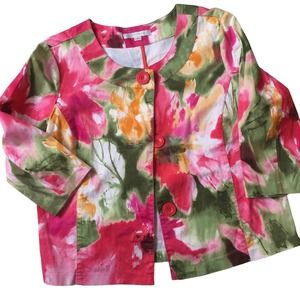 Erin London Women Jacket Sz M Pink Green Watercolor Large Button Up 3/4 Sleeve